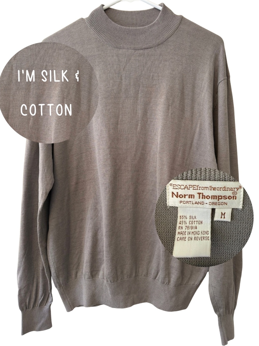 VTG Norm Thompson Men's Taupe Silk-Cotton Crewneck Sweater Size M Mens Sweater